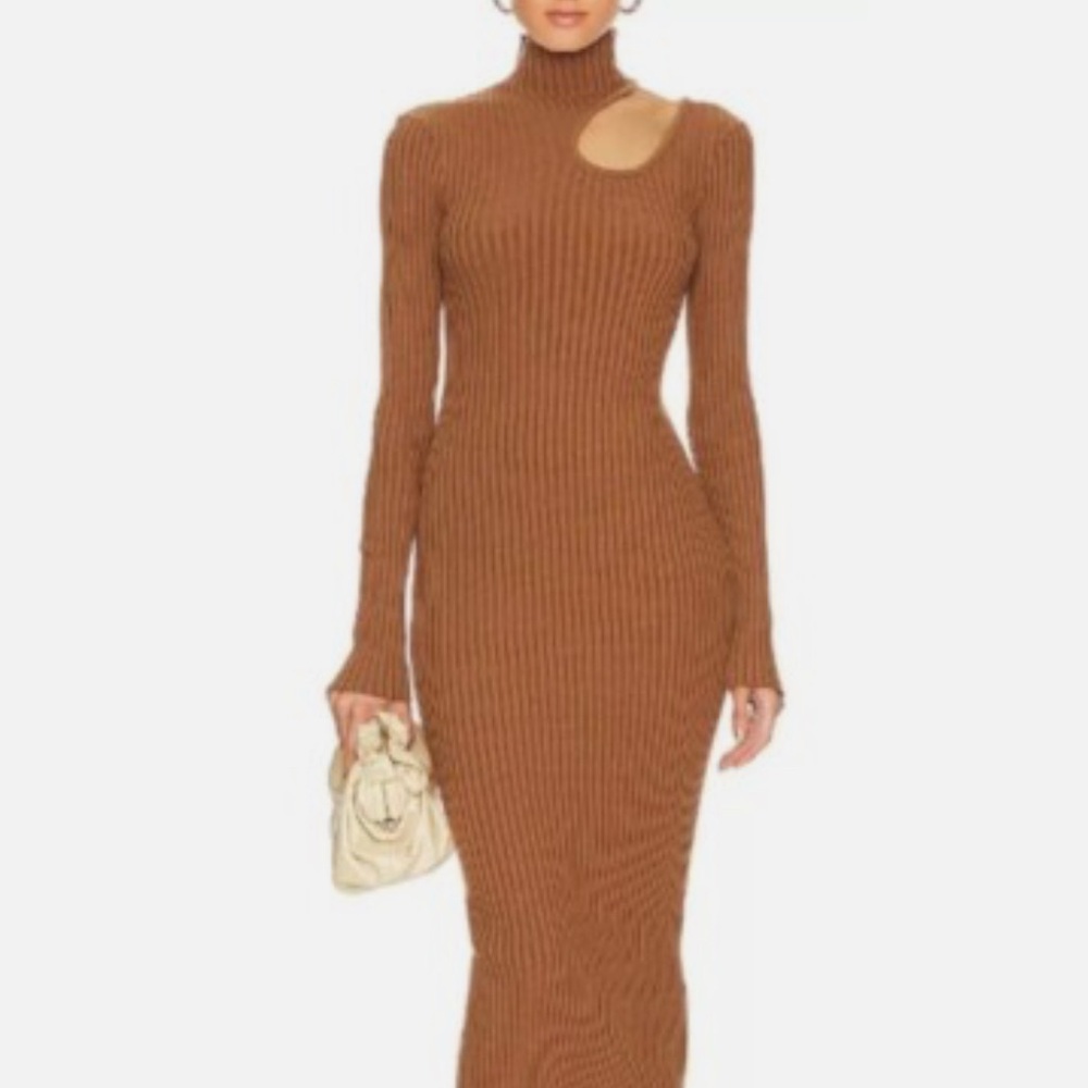 Anine Bing Victoria Cutout Knit Sweater Dress in Camel NWT